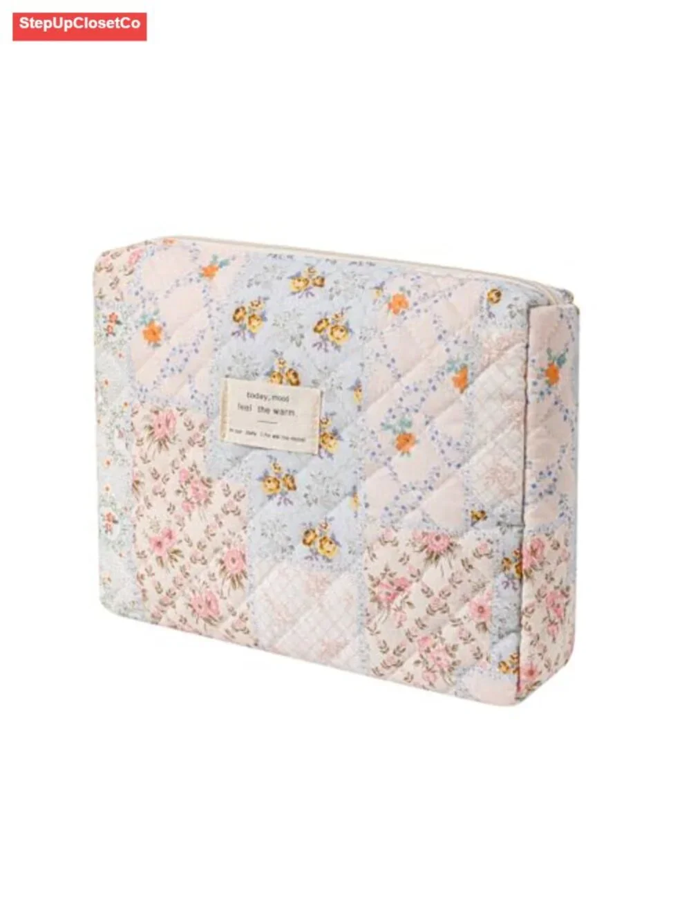 Quilted Cotton Makeup Bag with Zipper | Soft Floral Travel Cosmetic Pouch